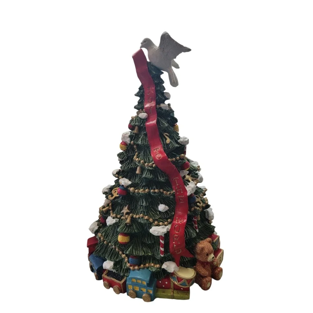 Musical Christmas Tree Figurine Boy on Ladder Joy to the World Green ReExcellent